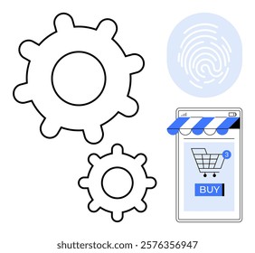 Two gears, a fingerprint icon, and a mobile phone with a shopping cart and buy button. Ideal for e-commerce, technology, online shopping, security, and digital transactions. Minimalist style