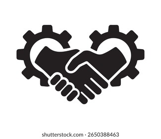 Two gears forming a heart shape with a handshake inside silhouette