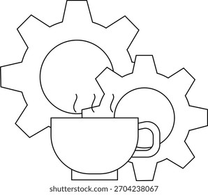 Dos engranajes enmarcan una taza humeante encima de un soporte