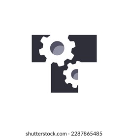 Dos engranajes dentro de la letra T. Logo de la tecnología de la letra T. Letra T diseño mecánico. Logo de la mecánica de T.
