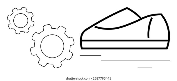 Two gears interacting next to a sleek, simple shoe icon symbolizing movement and innovation. Ideal for technology development, manufacturing processes, product design, automation, modern industry