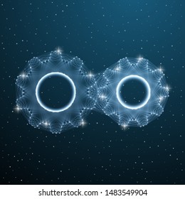 Two Gears low poly industrial machine. Cog polygonal concept whith line and dots. Blue wireframe gear business solution light communication network. Vector illustration teamwork engineering mechanism