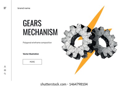 Two gears. Low poly wireframe style. Concept of engine work. Business solution concept. Polygonal abstract  isolated on white  background. Particles are connected in a geometric silhouette. Vector