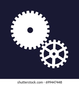Two gears on a yellow background.  White vector icon on dark blue background.