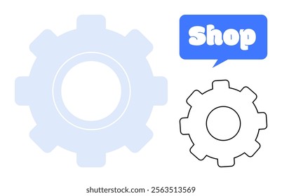 Two gears, one light blue and one black outline. Speech bubble with Shop text. Ideal for mechanics, engineering, shopping, industrial themes, and technological interfaces. Clean and minimal design