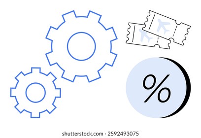 Two gears, a percentage sign, and two airplane tickets. Ideal for travel discounts, planning, aviation industry, mechanical processes, savings, optimization, productivity. Line metaphor