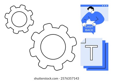 Two gears and a person holding a cashback sign on a digital window with documents hosting a large T. Ideal for technology, business process, digital marketing, financial incentives, user interface