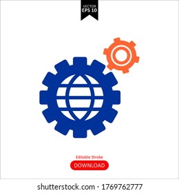 two gears with planet earth inside concept icon