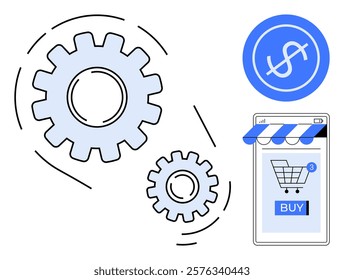 Two gears symbolizing automation with a mobile shopping cart and a currency symbol. Ideal for business interface, digital transactions, online shopping, automation technology, e-commerce platforms