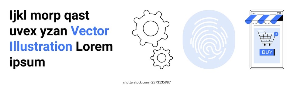 Two gears symbolizing mechanics, a fingerprint representing data privacy and security, and a shopping cart on a mobile screen indicating online shopping. Ideal for e-commerce, digital innovation