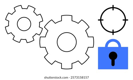 Two gears, a target, and a padlock highlight themes of security, precision, and engineering. Ideal for technology, cybersecurity, industry, accuracy, and protection. Simple line art style