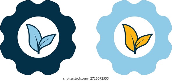 Dos iconos en forma de engranaje con centros de hojas en tonos azules y amarillos, que simbolizan temas ecológicos o distinción de categorías. Ideal para branding, diseño de interfaz de usuario o visuales enfocados en la sostenibilidad.