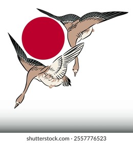 Two geese fly in front of a red rising sun, the symbol of the national flag of Japan. After a woodblock print detail of the Meiji era by Yoshitoshi. Illustration. Vector