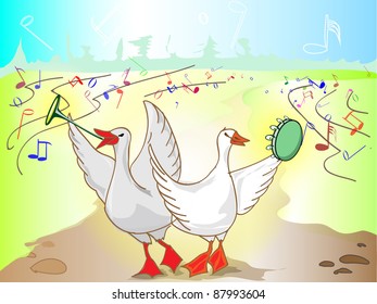 Two geese with music tools go on road in music