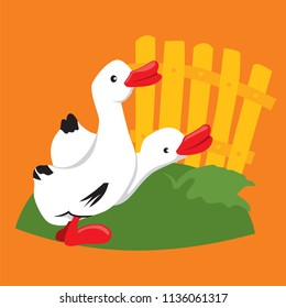 Two geese near a fence. Vector children s illustration on an orange background.