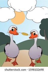 two geese walk along a path under the clouds with a spikelet in its beak