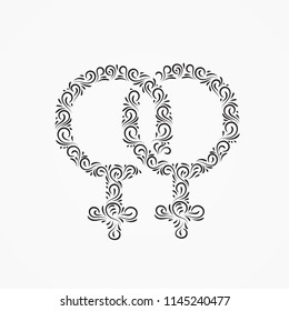 Two gender symbols of Venus for women from decorative ornate ornaments and curls. Illustration isolated on black and white background.