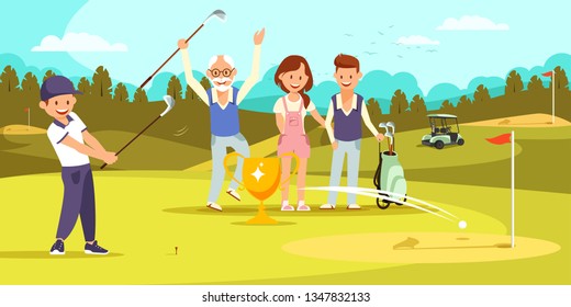 Two Generations Of Family Playing Golf Together. Guy Hitting Ball To Hole. Young And Old Men With Woman Stand Nearby With Golf Clubs In Hands, Goblet In Front Of Them. Cartoon Flat Vector Illustration