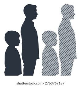 Two generations of men and boys standing side by side representing family relationships.