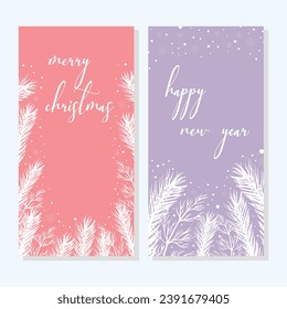 Dos gentiles tarjetas para Feliz Año Nuevo y Feliz Navidad. Diseño invernal. Cartel de las redes sociales. Vector.