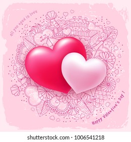 Two gentle pink hearts, symbol of love, with drawing in line art sketch doodle style on background. Excellent vector element for your design on Valentine's Day.