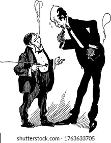 Two gentlemen of different heights standing together facing each other, vintage line drawing or engraving illustration.