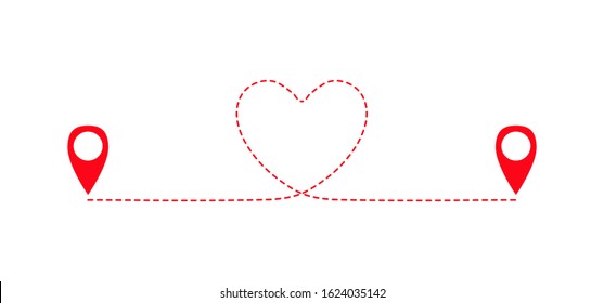 Two geolocation signs connected with heart route. Connecting lovers. Long distance relationship. Love knows no distance. Happy Valentine's day card. Vector illustration.