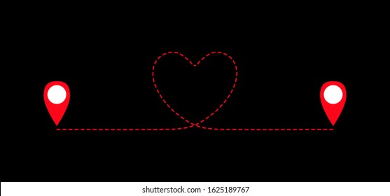 Two geolocation signs connected with heart route. Connecting lovers. Long distance relationship. Love knows no distance. Happy Valentine's day card. Vector illustration.