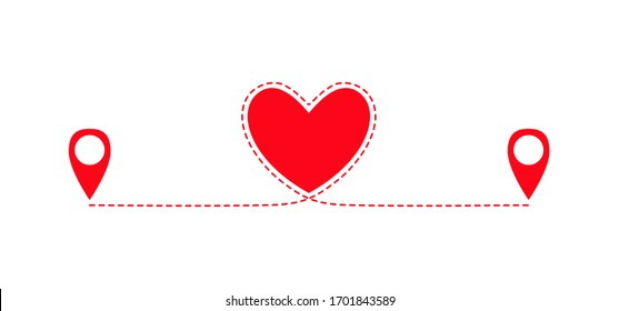 Two geolocation signs connected with heart route. Connecting lovers. Long distance relationship. Love knows no distance. Happy Valentine's day card. Vector illustration.