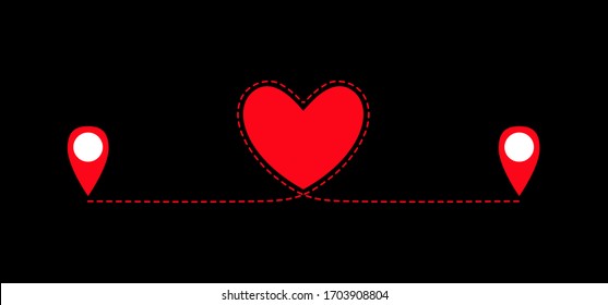 Dos signos de geolocalización relacionados con la vía cardíaca. Conectando amantes. Relación de larga distancia. El amor no conoce la distancia. Feliz día de San Valentín. Ilustración vectorial.