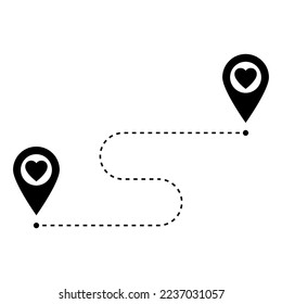 Two geolocation signs with heart. Map pointer with heart icon. Connecting lovers. Long distance relationship. Love knows no distance. Happy Valentine's day card. Vector illustration.