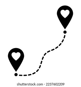 Two geolocation signs with heart. Map pointer with heart icon. Connecting lovers. Long distance relationship. Love knows no distance. Happy Valentine's day card. Vector illustration.