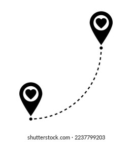 Dos signos de geolocalización con el corazón. Mapa el puntero con el icono del corazón. Los amantes de la conexión. Relación de larga distancia. El amor no conoce la distancia. Feliz día de San Valentín. Ilustración vectorial.