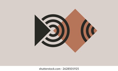 Two geometric 3D spheres with grid lines in terracotta and black. A modern optical illusion for tech visuals and contemporary designs.