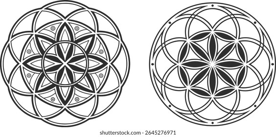 Two geometric black and white circular sacred geometry vector illustrations for design elements.