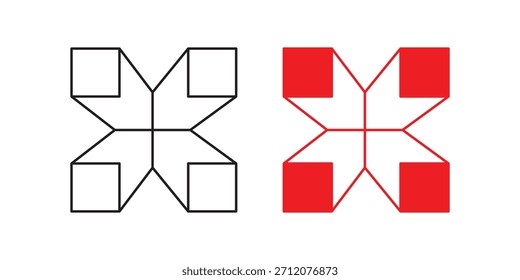 Two geometric diagrams, one outlined and one with red accents, illustrating a symmetrical, abstract X-shaped pattern with square elements.