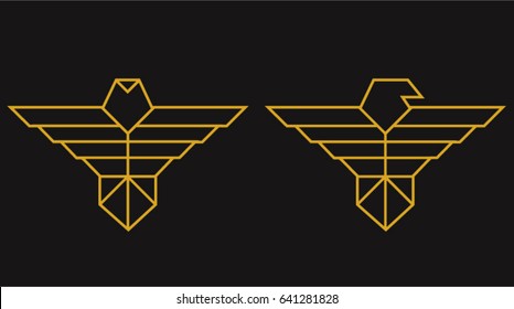 Two geometric Golden eagles on black background. Minimalist modern style vector graphics