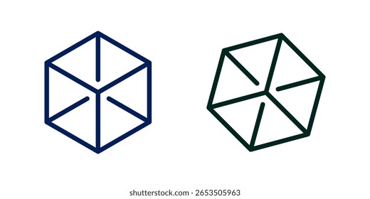 Dois símbolos hexagonais geométricos com contornos limpos e minimalistas em cores contrastantes, mostrando simetria e a estética do design gráfico moderno.