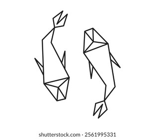 Two geometric koi fish outlined in black on a white background. Minimalist line art illustration inspired by origami. Design for posters, prints, and tattoos.