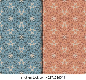 Two geometric patterns in ethnic style. Mosaic vector ornaments with butterflies and stars. 