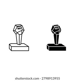 Two geometric trophy awards on pedestals, one white and one black, with a stylized face design