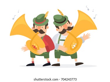 Two german cartoon musicians in bavarian costumes plays trumpets. Vector illustration.