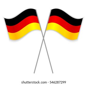 Two German crossed flags. Combined Germany isolated on white. Language learning, international business or travel concept.