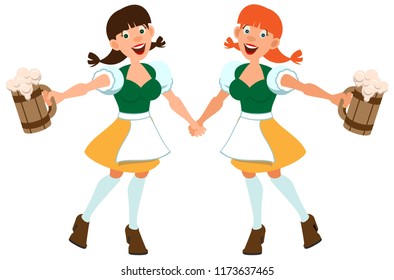 Two German girl hold beer in wooden mug. Oktoberfest holiday. Isolated on white vector cartoon illustration