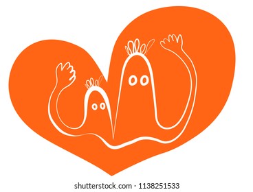 two ghost condoms cartoon doodle drawing in a heart shape greeting hands sign.