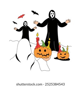 Two ghostly figures celebrate Halloween night with pumpkins and bats