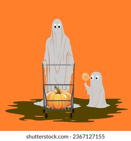 Two ghosts: big ghost is carrying pumpkin in supermarket cart, and small child ghost is walking nearby with lollipop in his hand. Vector minimalistic image with orange background and place for text