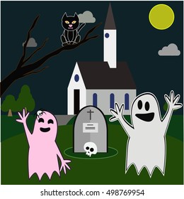 two ghosts in a cemetery at night
