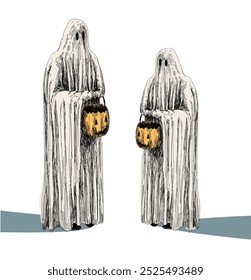 Dos personajes de disfraces de fantasmas con cubos para truco para tratar Halloween Símbolo coloreado Vacaciones de otoño aisladas sobre fondo blanco