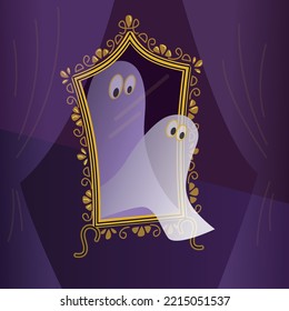 Two ghosts fly out of the mirror. Vector color illustration in flat style